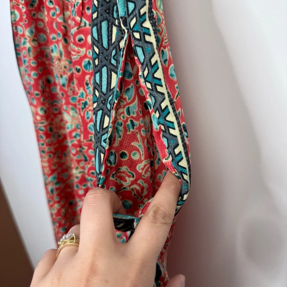 Karma Highway Smocked‎ Bust Tie Strap Jumpsuit Red Teal Print One Size